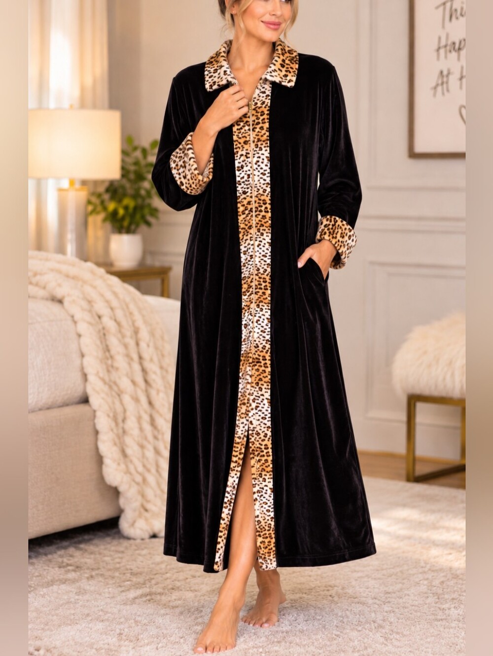 Vintage Black Velour Leopard Print Duster Robe Full Length Zip Front Size Large